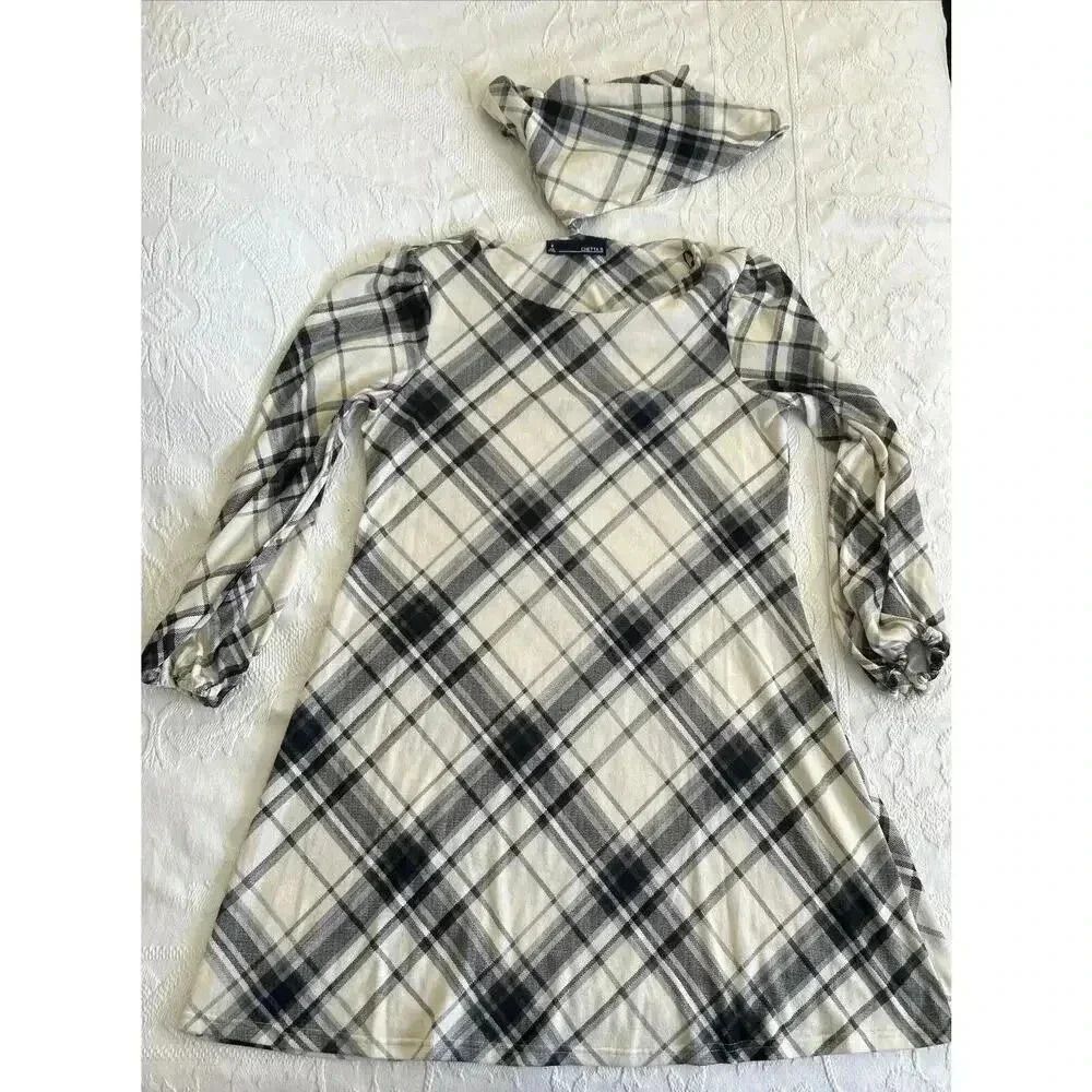 Chetta B Plaid Flannel Trapeze Dress Black & Cream Removable Cowl Size Med - Picture 14 of 16